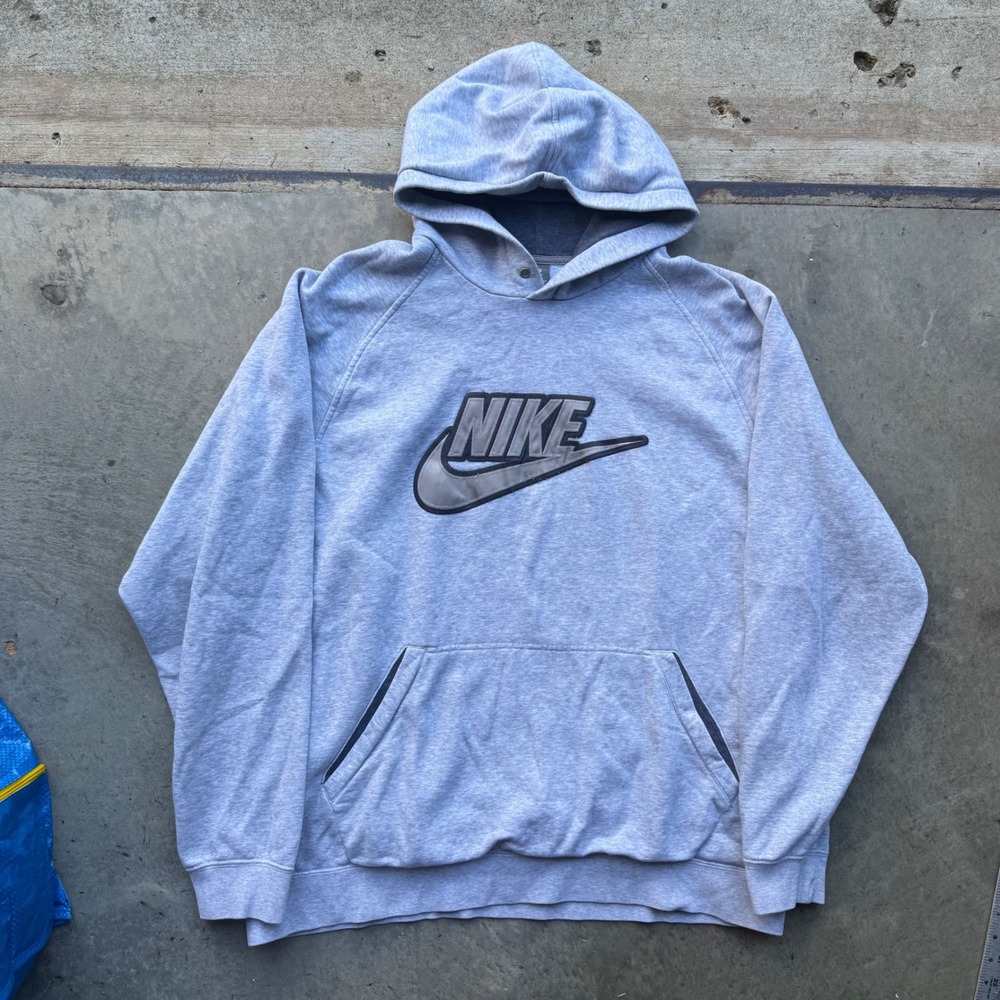 Y2K Nike Sportswear Pullover Hoodie Gray Swoosh Logo Raglan XXL Sweatshirt VTG